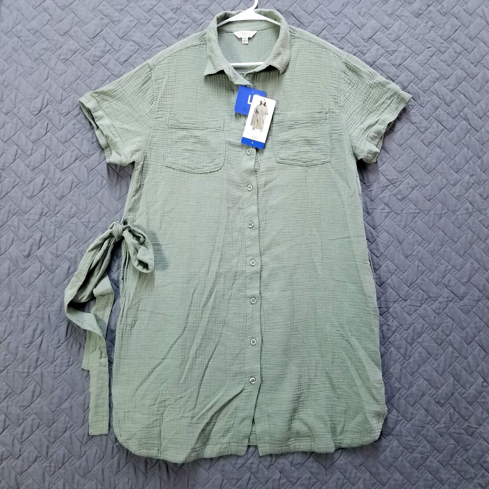 Weatherproof Vintage Dress Adult L Green Short Sleeve Cotton Gauze Womens New